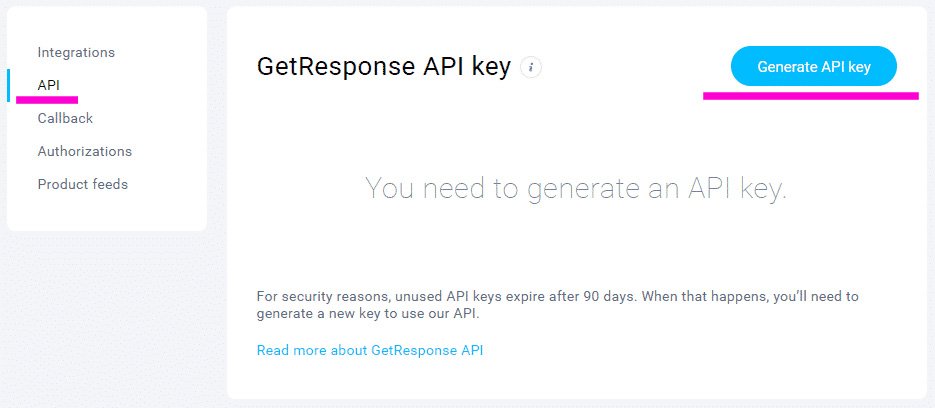 Generate API key GetResponse 